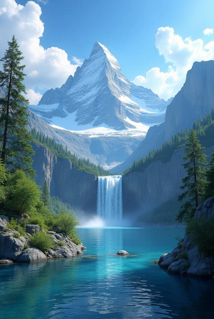 masterpiece, best quality, high quality, Extremely detailed CG unity 8k wallpaper, landscape, outdoor, Sky, cloud, Sky, No humans, Mountain, landscape, water, Tree, blue Sky, waterfall, cliff, nature, lake, river , cloudy skies, Award-winning photography, Bokeh, Depth of Field, HDR, bloom, Chromatic Aberration, Photorealism, Very detailed, Popular on artstation, Popular on CGsociety, complex, High Detail, dramatic, Art on the go