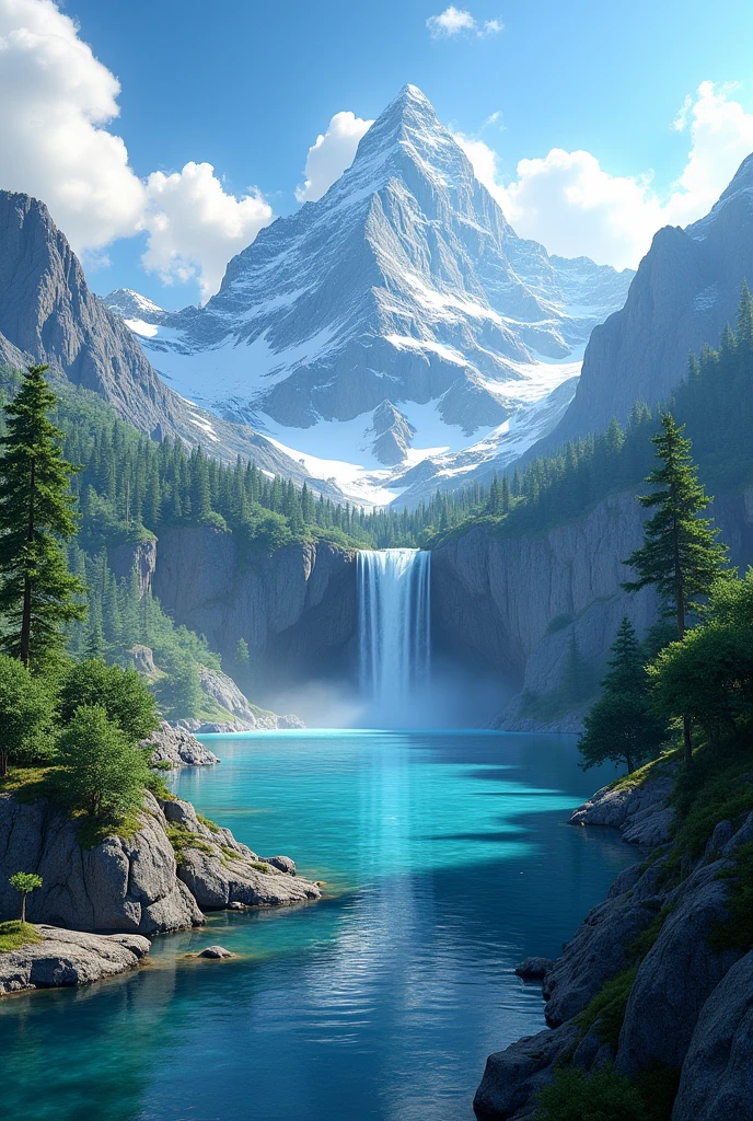 masterpiece, best quality, high quality, Extremely detailed CG unity 8k wallpaper, landscape, outdoor, Sky, cloud, Sky, No humans, Mountain, landscape, water, Tree, blue Sky, waterfall, cliff, nature, lake, river , cloudy skies, Award-winning photography, Bokeh, Depth of Field, HDR, bloom, Chromatic Aberration, Photorealism, Very detailed, Popular on artstation, Popular on CGsociety, complex, High Detail, dramatic, Art on the go