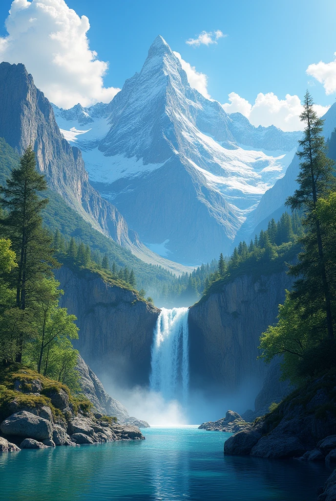 masterpiece, best quality, high quality, Extremely detailed CG unity 8k wallpaper, landscape, outdoor, Sky, cloud, Sky, No humans, Mountain, landscape, water, Tree, blue Sky, waterfall, cliff, nature, lake, river , cloudy skies, Award-winning photography, Bokeh, Depth of Field, HDR, bloom, Chromatic Aberration, Photorealism, Very detailed, Popular on artstation, Popular on CGsociety, complex, High Detail, dramatic, Art on the go