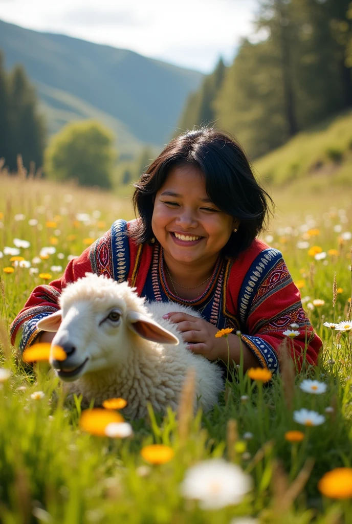 Chubby Mapuche woman with short black hair lying on the ground after fighting a white sheep