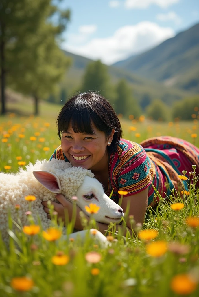 Chubby Mapuche woman with short black hair lying on the ground after fighting a white sheep