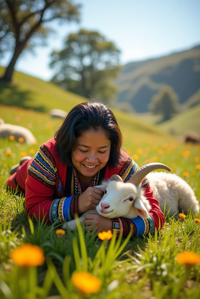 Chubby Mapuche woman with short black hair lying on the ground after fighting a white sheep