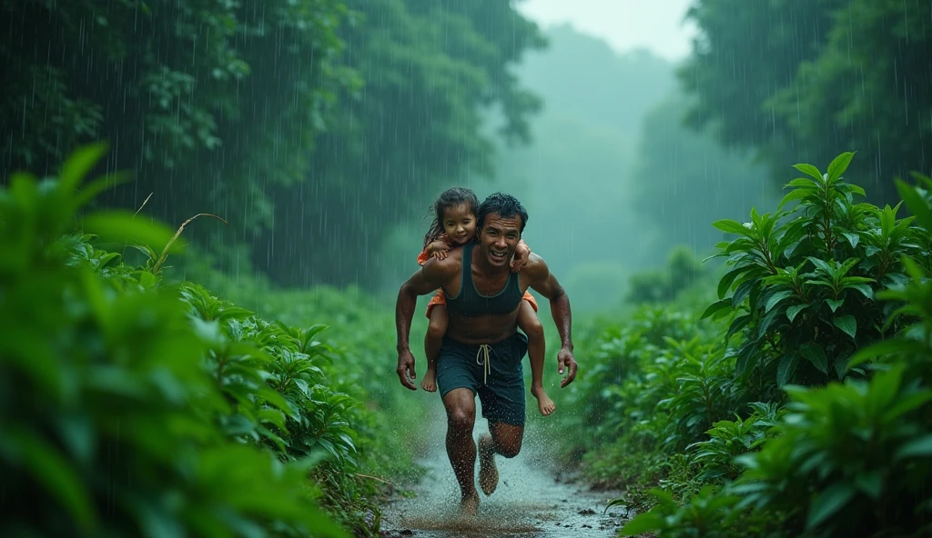 an image of a Vietnamese rural bushy narrow junger, densely wooded with the thunder, so dark, heavy raining, the man, father carrying daughter on his back, run very farst , in the style of colorful prisma, erased and obscured, iconic album covers, photography, 50mm