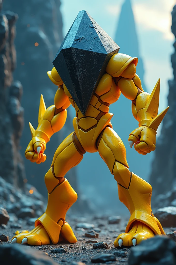 Character inspired by a diamond with yellow arms tinted with a little white a black diamond-shaped head wide yellow legs is thin with feet and a dangerous fighter side