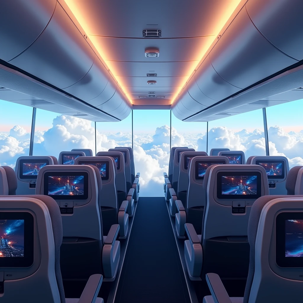 In the cockpit of the aircraft,You can see a lot of airplane seats,The seats have screens on the headrests,Real Effects,No passengers,Can see out the window and back of the seat,The camera rotates 45 degrees, VR Effect