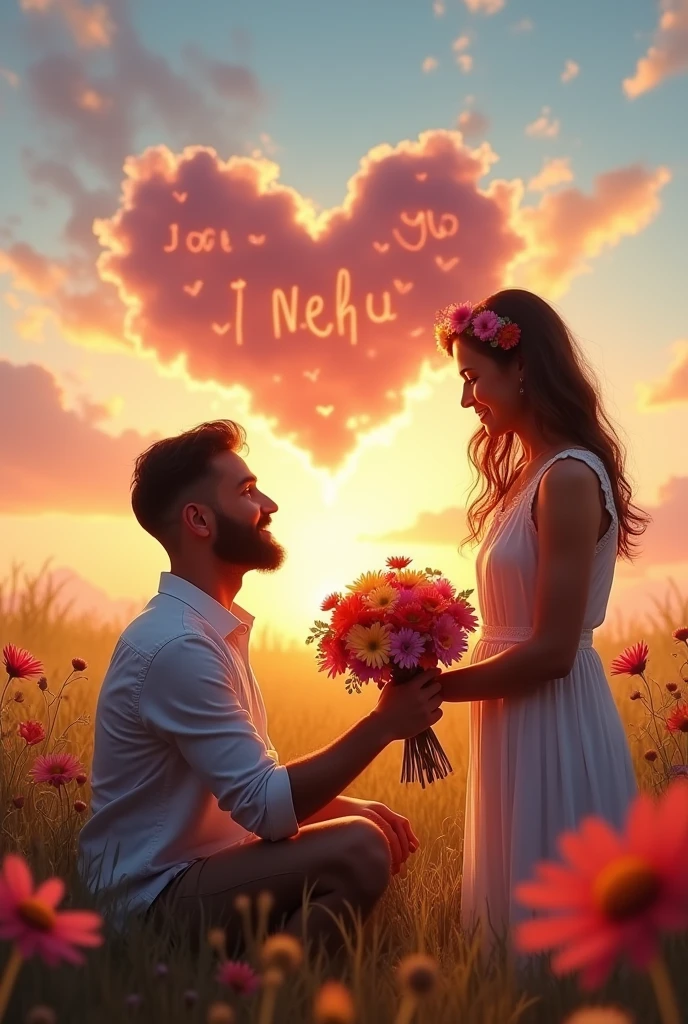 A beard man seating on knees in front of a beautiful girlfriend and giving a flower and at background write in the sky I love you nehu