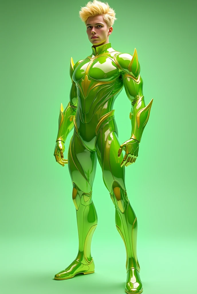 full full body photorealistic handsome hunky fractal masculine Teen titans Blonde Saturn boy wearing a chartreuse green quartz transparent crystal chrome glass super suit , look at camera, detailed face parts,, studio as background, Freestyle Pose, Happy Expression, perfect anatomy, symmetric body,, 18 years old,  :: high detail, a lean athletic body, realistic, human skin, extremely detailed fingers,  chad chin,, masculine, human skin, , gorgeous, Attractive. super bulges in action 
