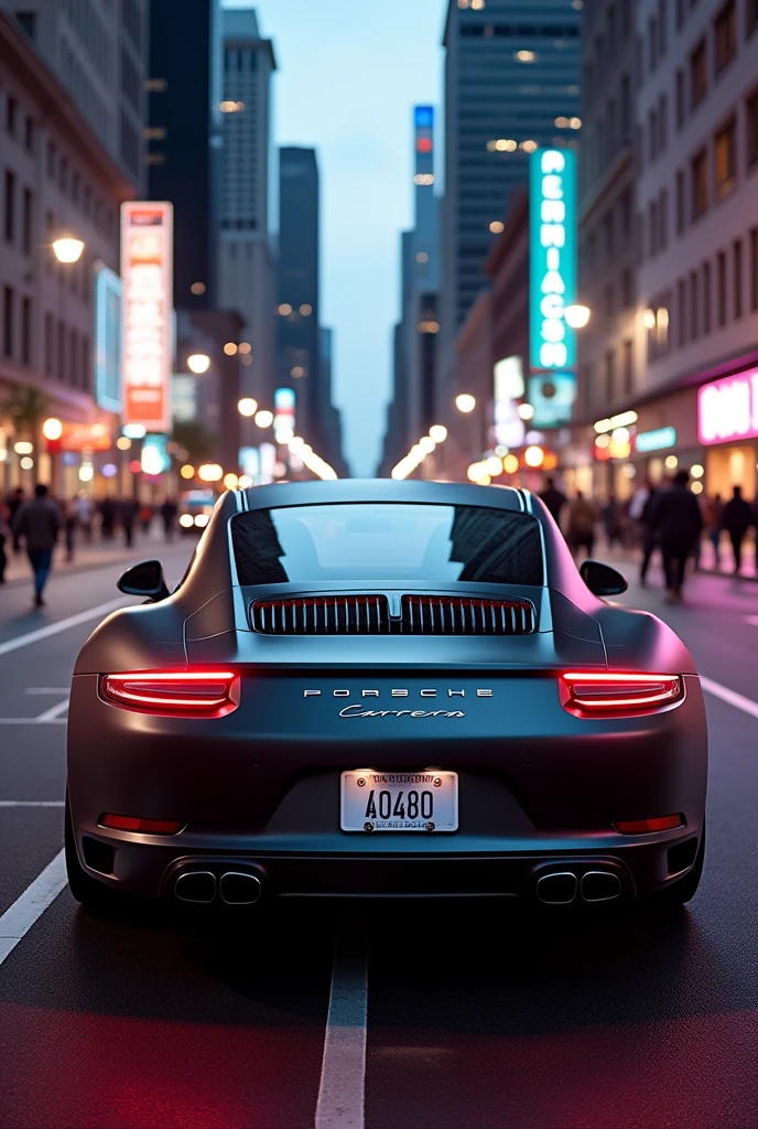A mat black porshe carrera with number plate 4040 on it