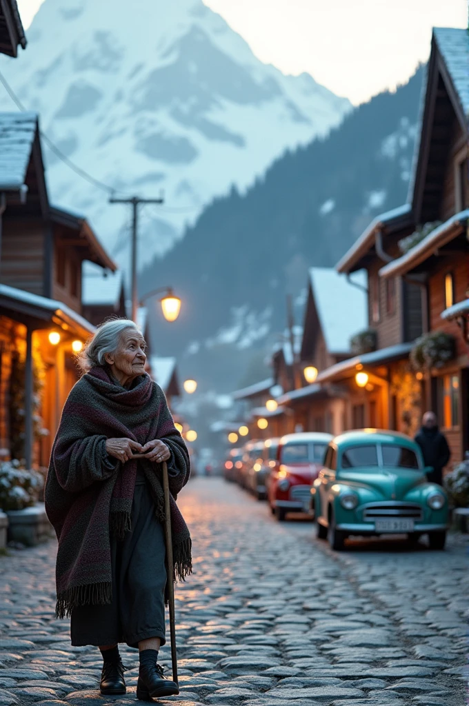 Sunrise over snowcapped mountains a small village with made many cars a old pour lady make it