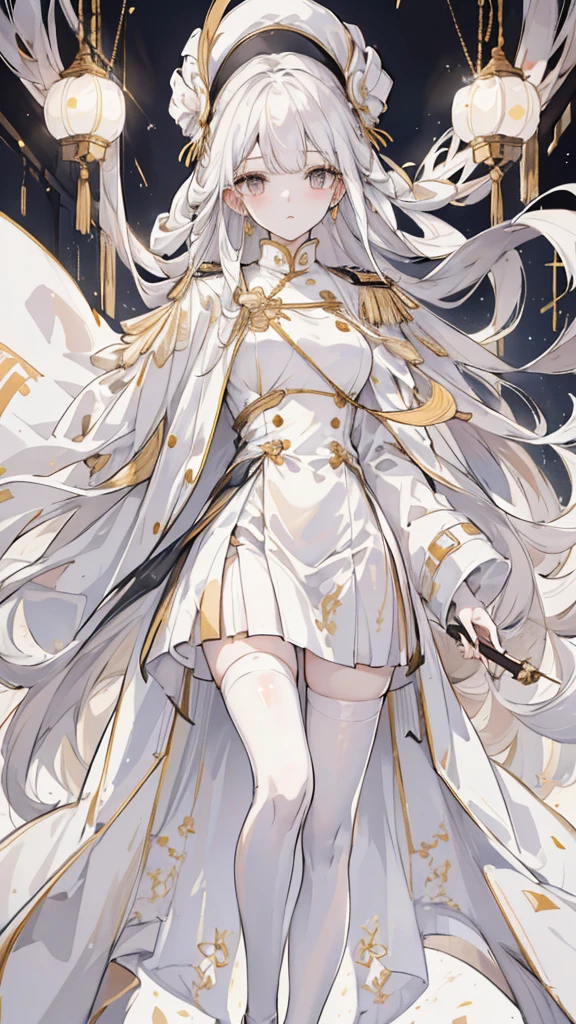 (best quality, High resolution, Super detailed:1.2), beautiful long white hair, Stunning golden eyes, Beautifully designed white folding fan, Bailongjiao, elegant lights, pastel color palette,White military uniform and gold trench coat,white stockings