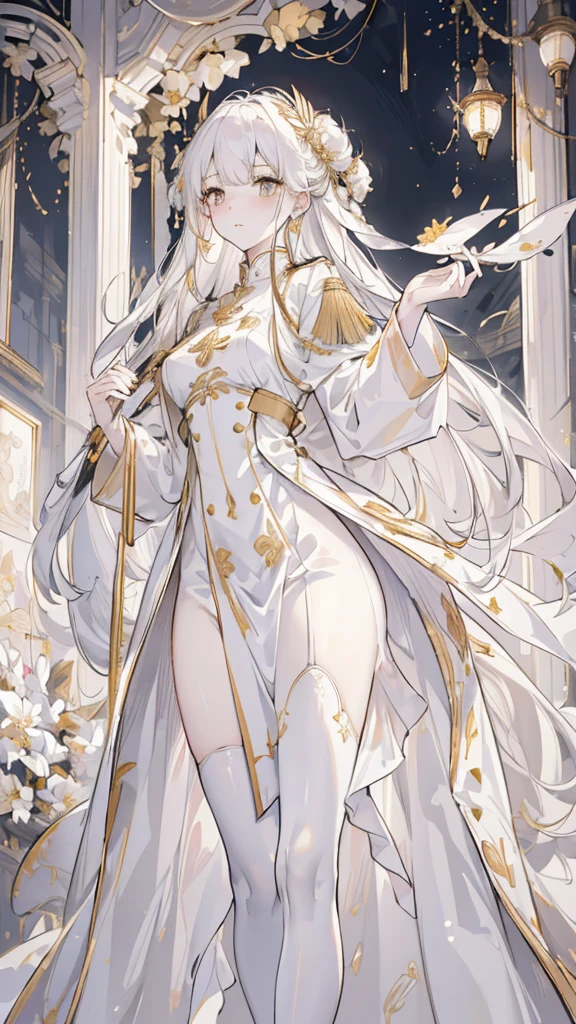 (best quality, High resolution, Super detailed:1.2), beautiful long white hair, Stunning golden eyes, Beautifully designed white folding fan, Bailongjiao, elegant lights, pastel color palette，White military uniform and gold trench coat，white stockings