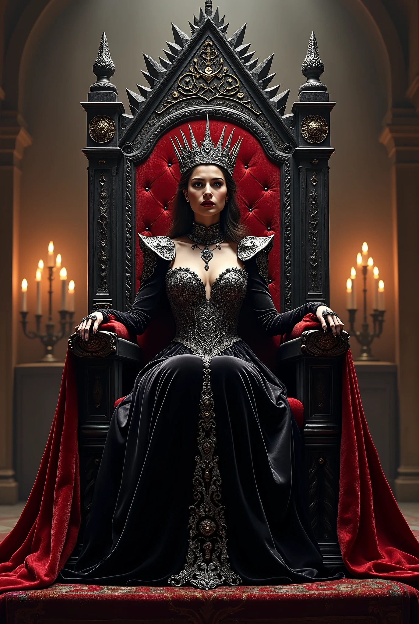 1. Throne Design: Make the throne grand and imposing, possibly adorned with dark or sinister elements like sharp edges or ominous symbols.
2. Queen’s Appearance: Opt for a regal yet menacing look—dark, elaborate attire with rich textures, possibly incorporating elements like a crown with sharp edges or intricate, foreboding jewelry.
3. Expression and Pose: The queen’s expression could be one of arrogance or malice, and her pose should reflect her authority and nce.
4. Color Scheme: Use
