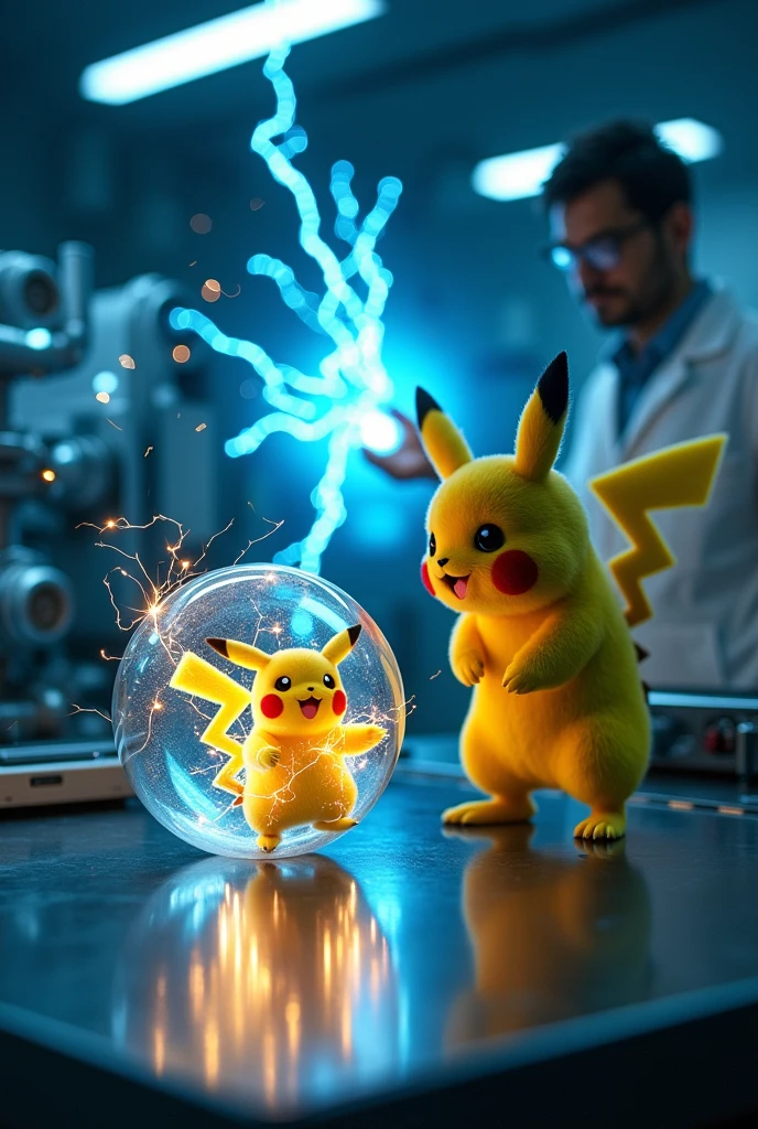 a scientist capturing 1 Pikachu in a transparent glass sphere, 1 Pikachu releasing electric current from its body, the electricity being transferred to a power generator,ball power.  highly detailed, 8k, photorealistic, intricate details, dramatic lighting, cinematic composition, stunning colors, glowing electricity, glass sphere refracting light, advanced technology, science fiction, epic scale