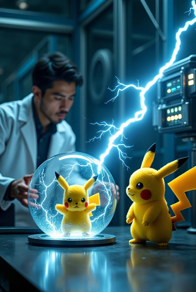 a scientist capturing 1 Pikachu in a transparent glass sphere, 1 Pikachu releasing electric current from its body, the electricity being transferred to a power generator,ball power. highly detailed, 8k, photorealistic, intricate details, dramatic lighting, cinematic composition, stunning colors, glowing electricity, glass sphere refracting light, advanced technology, science fiction, epic scale