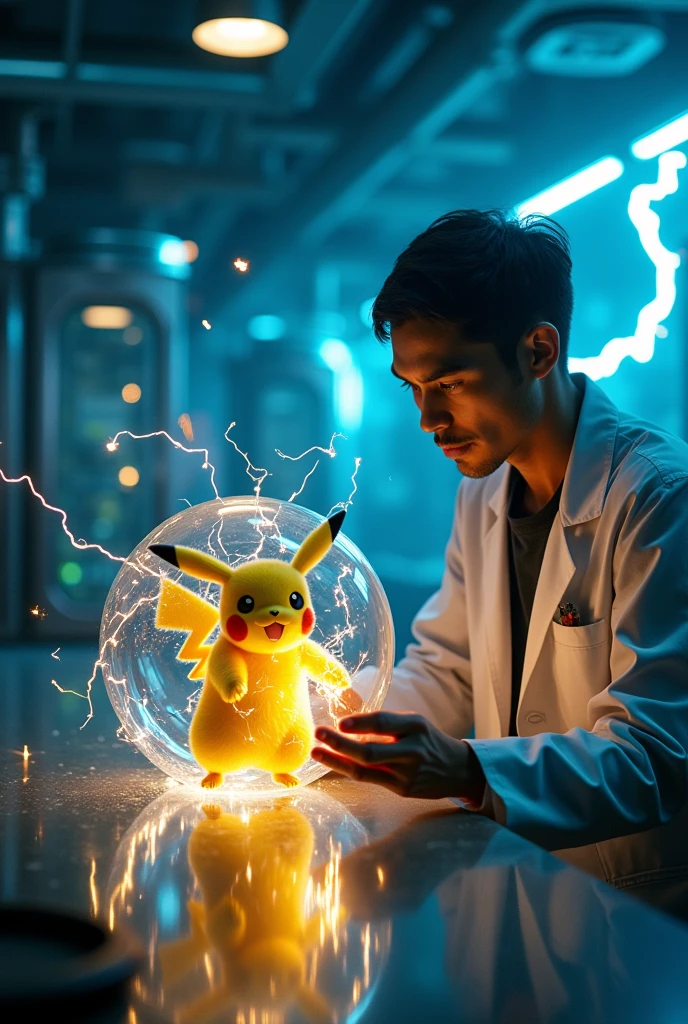 a scientist capturing 1 Pikachu in a transparent glass sphere, 1 Pikachu releasing electric current from its body, the electricity being transferred to a power generator,ball power.  highly detailed, 8k, photorealistic, intricate details, dramatic lighting, cinematic composition, stunning colors, glowing electricity, glass sphere refracting light, advanced technology, science fiction, epic scale