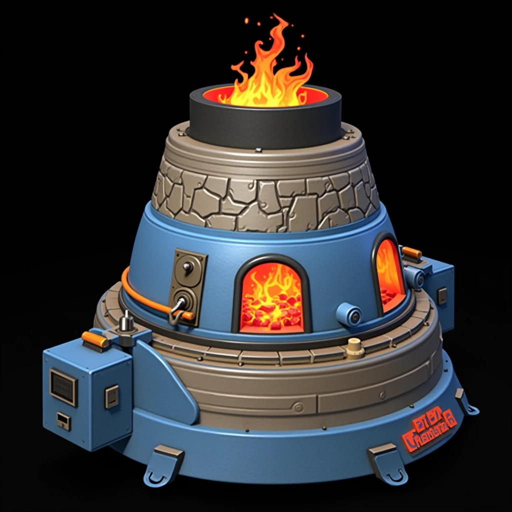(masterpiece, top quality, best quality, official art,beautiful and aesthetic:1.2),(4k,8k, best quality,masterpiece:1.2),(((white background))), solo,Building, furnace with blue and black iron exterior walls, a red cave in the middle with burning charcoal inside, alarm devices, and flames burning at the top. It has a European style, clear and accurate structure, modern realistic representation, and consistent lighting that looks natural and believable.