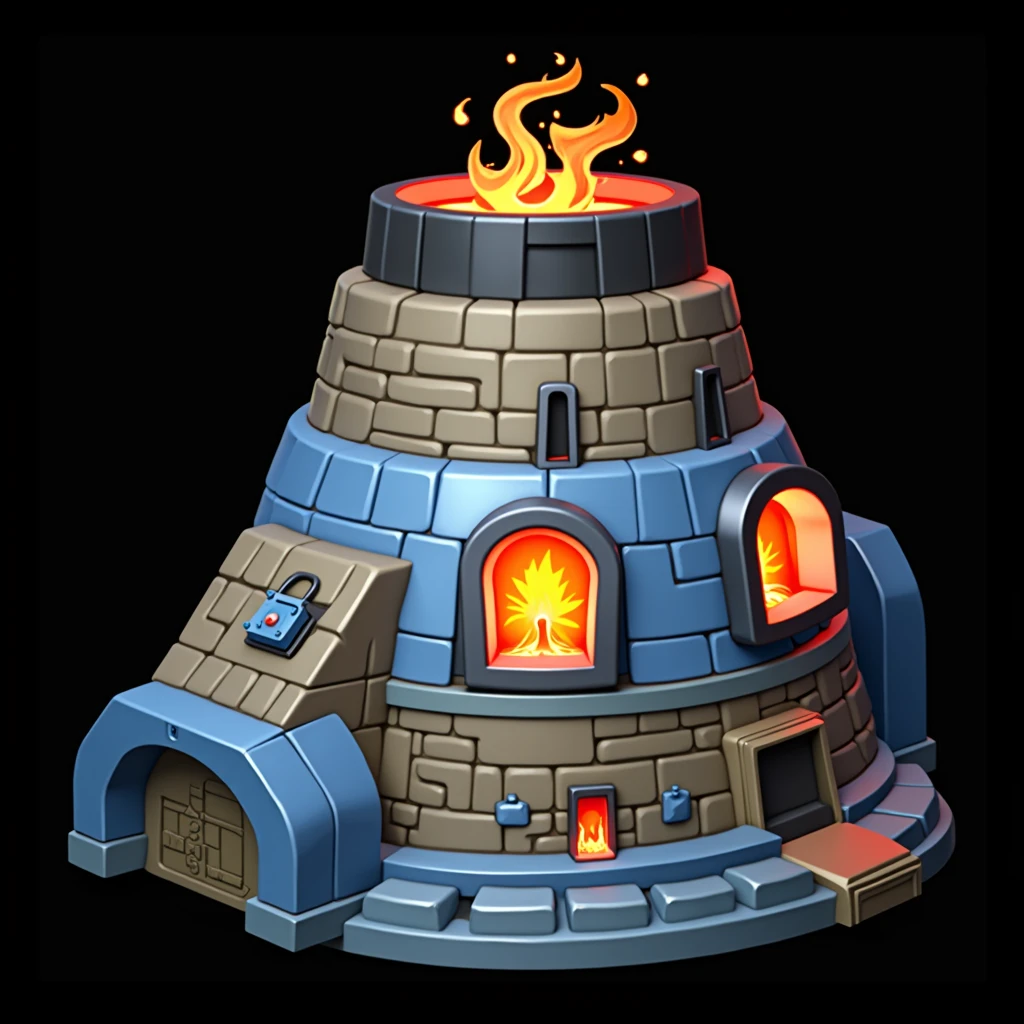 (masterpiece, top quality, best quality, official art,beautiful and aesthetic:1.2),(4k,8k, best quality,masterpiece:1.2),(((white background))), solo,Building, furnace with blue and black iron exterior walls, a red cave in the middle with burning charcoal inside, alarm devices, and flames burning at the top. It has a European style, clear and accurate structure, modern realistic representation, and consistent lighting that looks natural and believable.