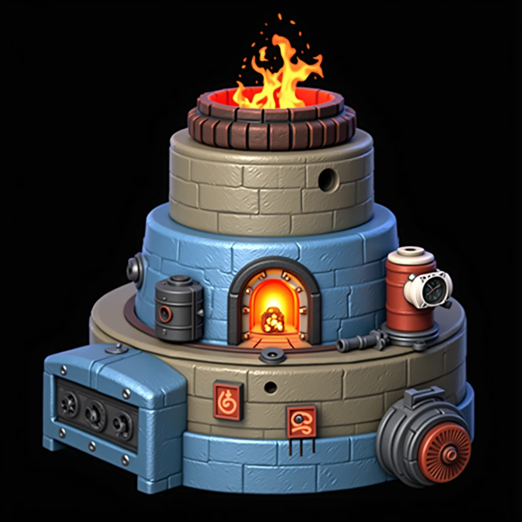(masterpiece, top quality, best quality, official art,beautiful and aesthetic:1.2),(4k,8k, best quality,masterpiece:1.2),(((white background))), solo,Building, furnace with blue and black iron exterior walls, a red cave in the middle with burning charcoal inside, alarm devices, and flames burning at the top. It has a European style, clear and accurate structure, modern realistic representation, and consistent lighting that looks natural and believable.