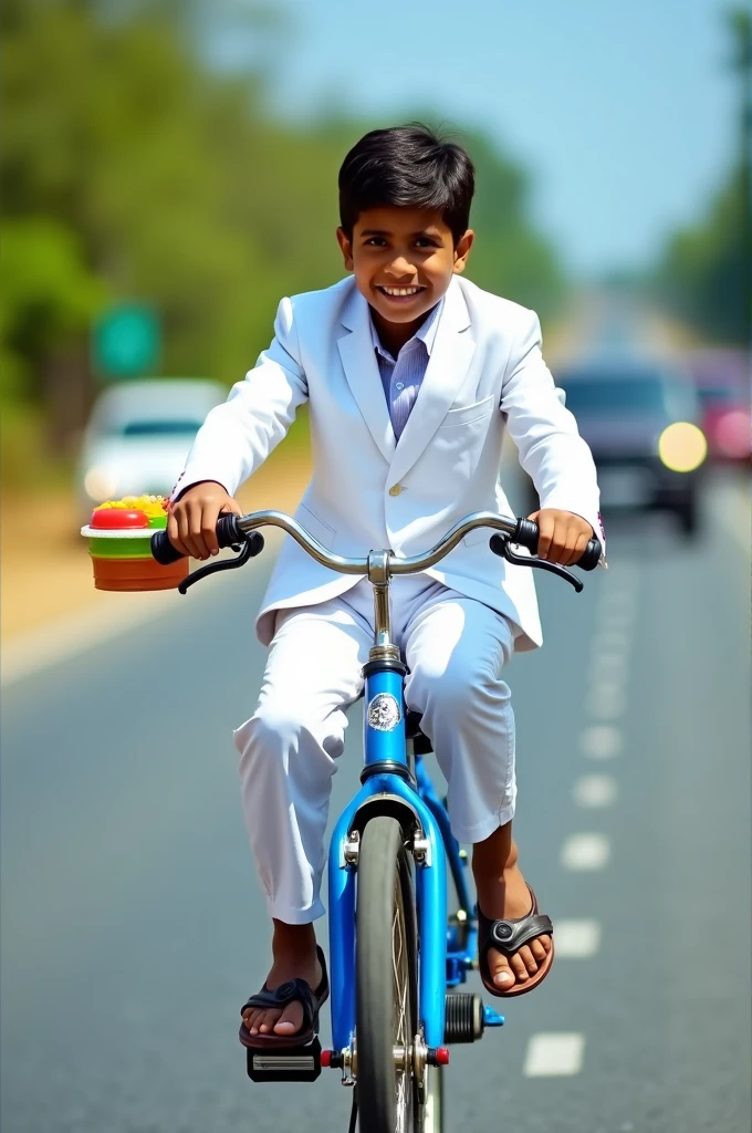 An Indian boy on highway riding atlas cycle with plastic tiffin in one hand and wearing suit