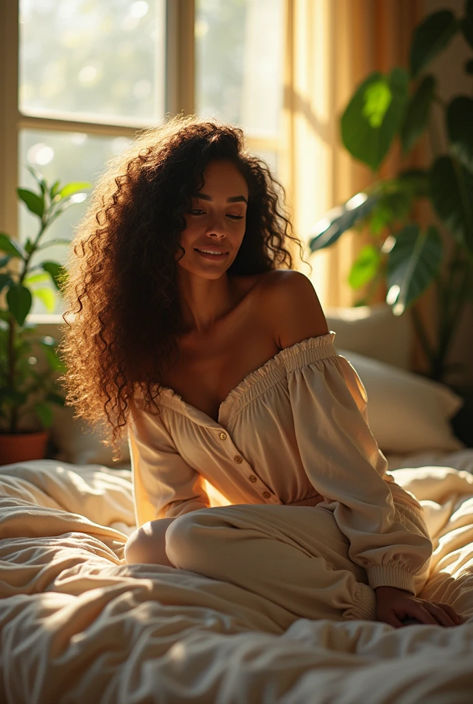 (photorealism:1.2), beautiful woman, sitting on bed, wearing loose off-shoulder top, pajama pants, long curly hair, indoors, soft lighting, plants in background, window with sunlight, cozy room, relaxed pose, realistic, intricate details, warm colors, by Greg Rutkowski, by Alphonse Mucha