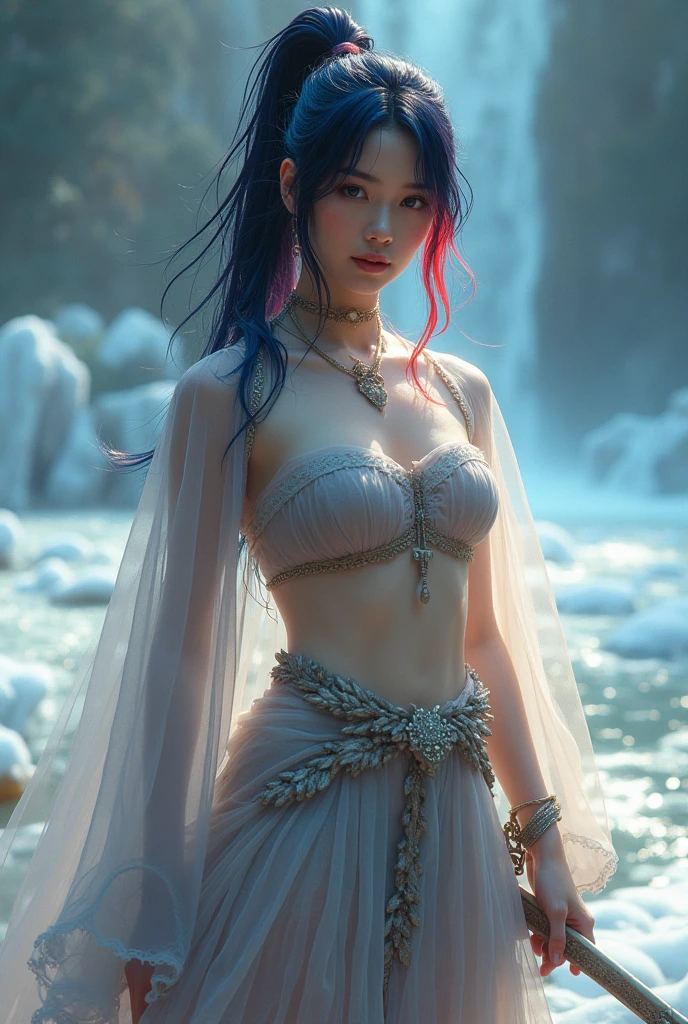 Ful body view, 8k UHD masterpiece, Public curly dark hair, Ponytail, beautiful female warrior, approximately 20 years of age, with a perfect body and dressed only organza transparent coat (see-through: 2.0) , The character has dark blue hair with red highlights, tied in a horse tail, and holds a short sword in her hand. I would like the drawing to be done in any graphic convention that fits the character’s nature, wet skin, (wet:2.0), shiny skin, transparent organza flowing coat, photorealistic: 2.0. Shiny skin, --auto --s2