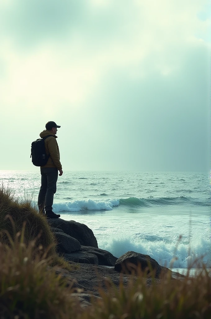 calm but alert coastal area with the ocean in view, representing the watchful waiting for possible tsunamis.