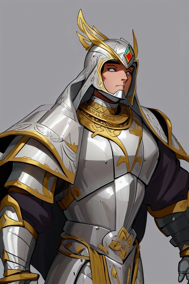 A white man in his 30s, wearing RPG game warrior-style clothing and a helmet that covers his entire face. The helmet is silver,
The helmet is circular in shape and has a thick cross-shaped band on the front of the face centered around the eyes. Only the eyes have eye-shaped holes so they can see.
The brown collar is thick and high around the neck. 
Silver armor covers the chest area, but the abdominal muscles are exposed. Armor style with bare shoulders exposed,
There are silver round buttons on both sides of the shoulder bones, and they are fastened to these buttons, so that the cloak is connected behind the shoulders.
There is a large, subtle gold decoration in the center of the chest armor. It is a simple and heavy decoration in the medieval style.  
On his hands, he wears very large, sturdy-looking armored armor.