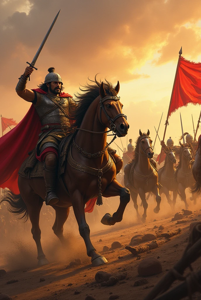 An intense moment where Raja Bhoj delivers a decisive blow to the enemy leader. The enemy, dressed in dark armor, is shown falling back as Raja Bhoj’s sword strikes. In the background, Raja Bhoj’s soldiers are pushing the enemy forces back, with the battlefield littered with defeated enemies and banners of victory."