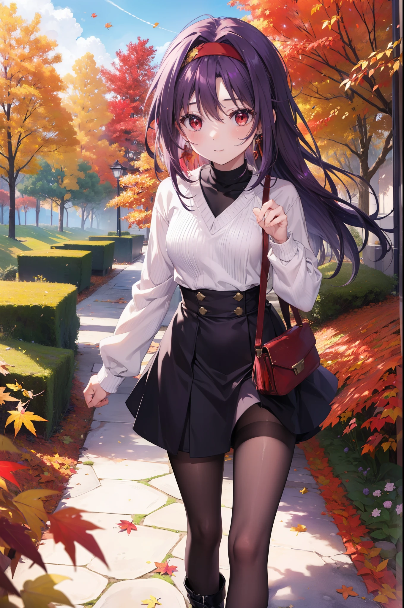 yuukikonno, Yuuki Konno, hair band, Long Hair, Pointed Ears, Purple Hair, Ahoge,(Red eyes:1.5), (Small breasts:1.2), smile,blush,Close your mouth,purple v neck sweater,mini skirt,Black pantyhose,short boots,Walking,autumn leaves,autumn leaves,scattered,autumn leavesが積もっている,Autumn sky,whole bodyがイラストに入るように,
break looking at viewer, whole body,
break outdoors, garden,forest, nature,
break (masterpiece:1.2), Highest quality, High resolution, unity 8k wallpaper, (figure:0.8), (Beautiful attention to detail:1.6), Highly detailed face, Perfect lighting, Highly detailed CG, (Perfect hands, Perfect Anatomy),