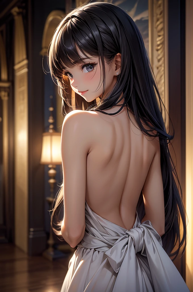 ((masterpiece, best quality, ultra-detailed, high resolution, extremely detailed CG, super detailed, Most beautiful clean lighting)), 1girl, small build, , cute girl, pretty face, smile, white skin, Beautiful black long hair, black eyes, kawaii, slender, small build, small breasts, nsfw, topless, divine garment, fantastic landscape, arms behind back,