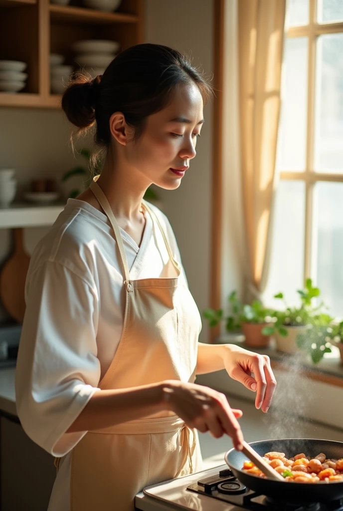 A middle-aged Japanese woman wearing a nude apron is cooking in the kitchen with a frying pan under natural lighting。A close-up of her chest and calm expression.、It shows her inner peace and outer charm.。