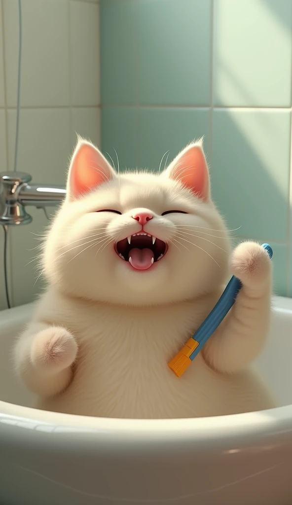 photorrealistic, 64k, cute fat [cat] cleaning his teeth with toothbrush in bathroom