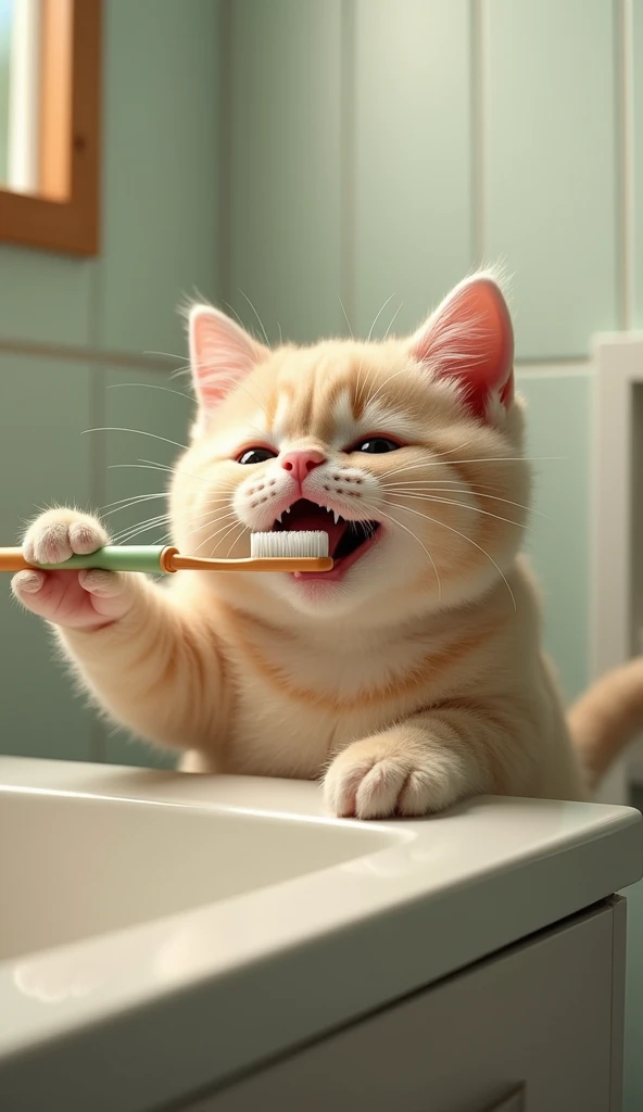 photorrealistic, 64k, cute fat [cat] cleaning his teeth with toothbrush in bathroom