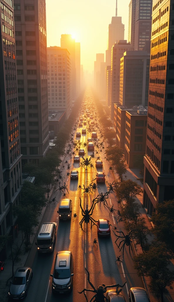 Image In the city in the morning in the middle of the road tall buildings . Top view looking down on the road The scene is shaking There is a deep crack under the road .underground space cracks hundreds of giant spiders crawled out from the cracks including spiders as big as cars from the gate, giant spiders, taller than the building, tràn ra và bắt đầu tấn công thành phố. They cover the buildings with cobwebs., vehicles and streets, cause chaos.