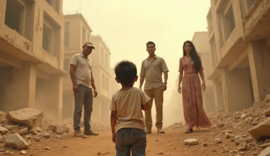 Low angle shot from below and the back of an asian three year old boy, looking at his father, mother, and older brother smiling at him, happy moment, on the ruin of a city, sand cloud, heat, hazy, rubles, debris, desaturated color, low contrast, cinematic
