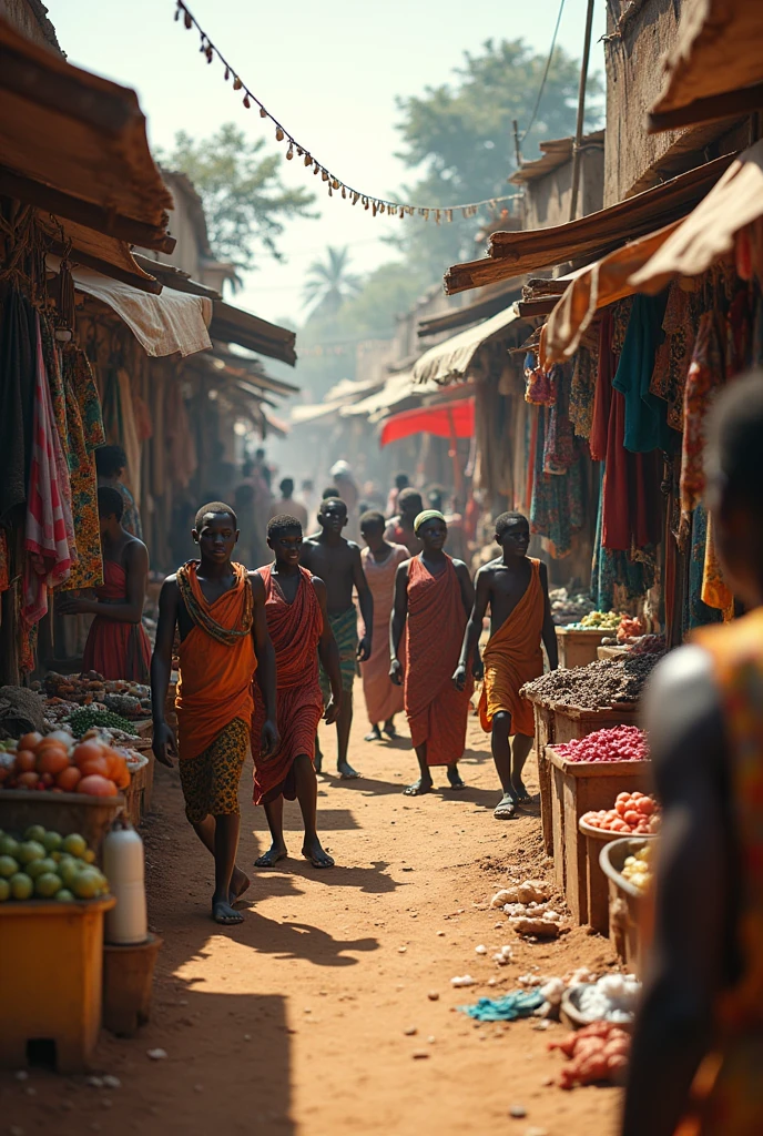 An African image of people on a shopping street fighting for their lives, selling products, assets, takeout, material to survive in a humble environment 