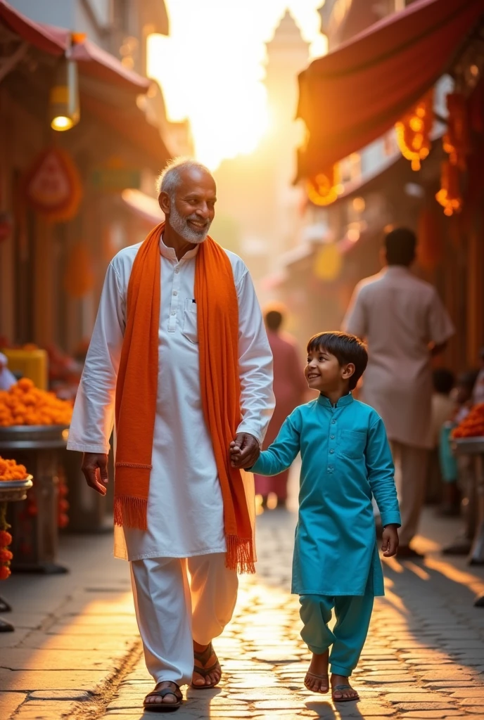 An desi Indian father and son returning from a temple