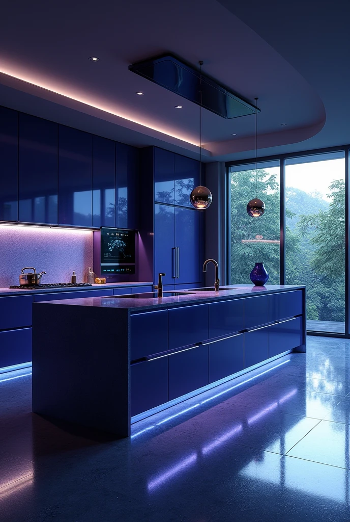 Please design me a very luxurious kitchen, modern and fully equipped. Futuristic design with mysterious colors