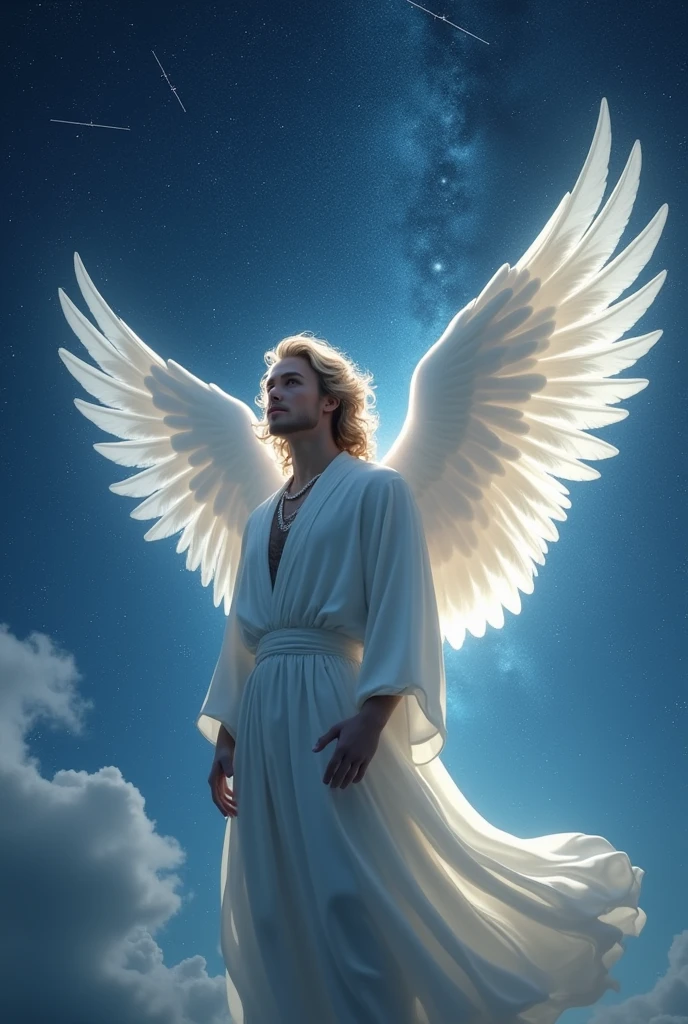 A handsome, white adult angel under the stars

