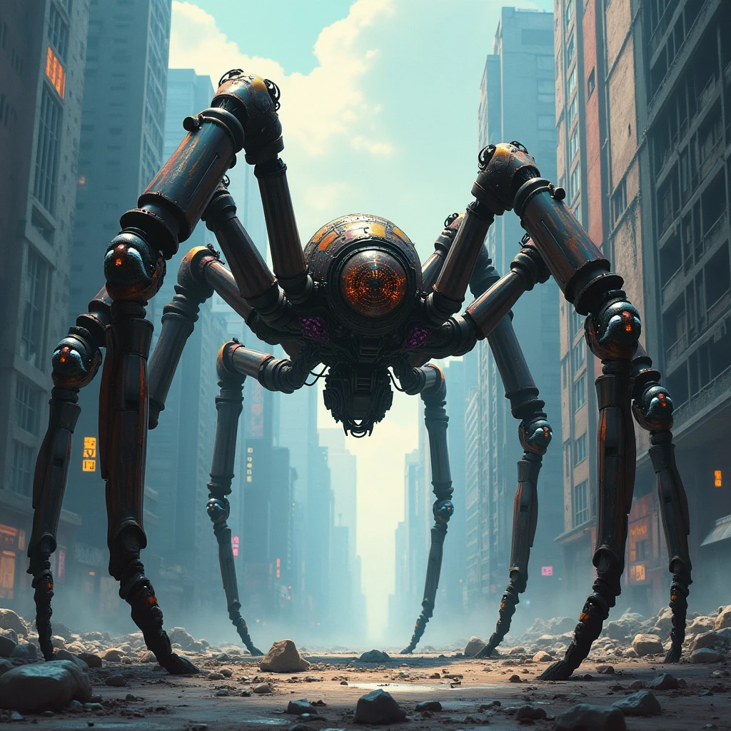 (masterpiece:1.2) (best quality) (detailed) (intricate) (8k) (HDR) (wallpaper) (cinematic lighting) (sharp focus), a cybernetic spider monster, anime artstyle,oil painting artstyle, dynamic angle, side view