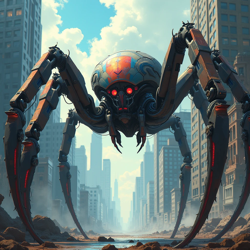 (masterpiece:1.2) (best quality) (detailed) (intricate) (8k) (HDR) (wallpaper) (cinematic lighting) (sharp focus), a cybernetic spider monster, anime artstyle,oil painting artstyle, dynamic angle, side view 