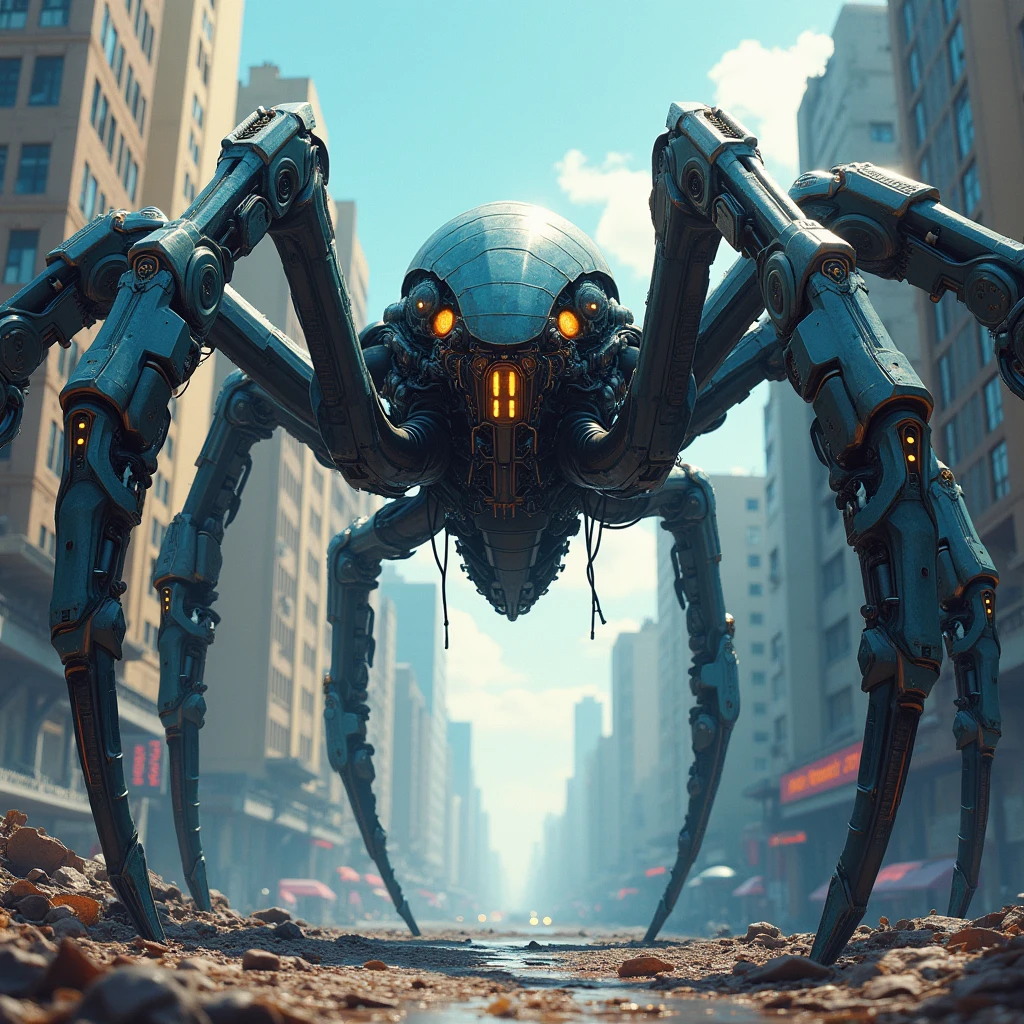 (masterpiece:1.2) (best quality) (detailed) (intricate) (8k) (HDR) (wallpaper) (cinematic lighting) (sharp focus), a cybernetic spider monster, anime artstyle,oil painting artstyle, dynamic angle, side view 