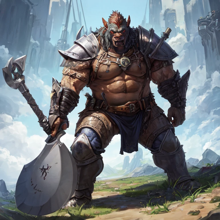 A large, heavily built orc wearing armor and a fully enclosed helmet with two axes.