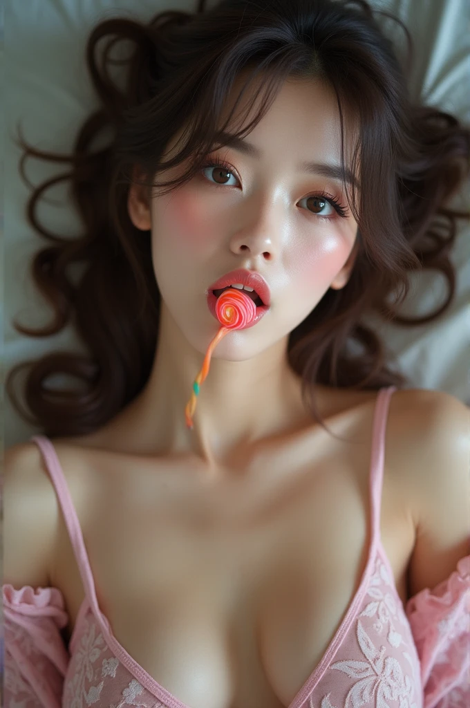 (full-body shot:1) Realistic images (Lying position:1) miss, Surrealism, photography, 长long红头发, miss, 24 years old, Hourglass figure, Perfect body, Flirty look, Natural medium breasts, Blurred background, Her wet tongue licked, long, A thick rainbow-colored spiral lollipop., A little saliva dripped from her tongue, Beautiful appearance, 长long睫毛, Cat eye makeup，Asian Girls