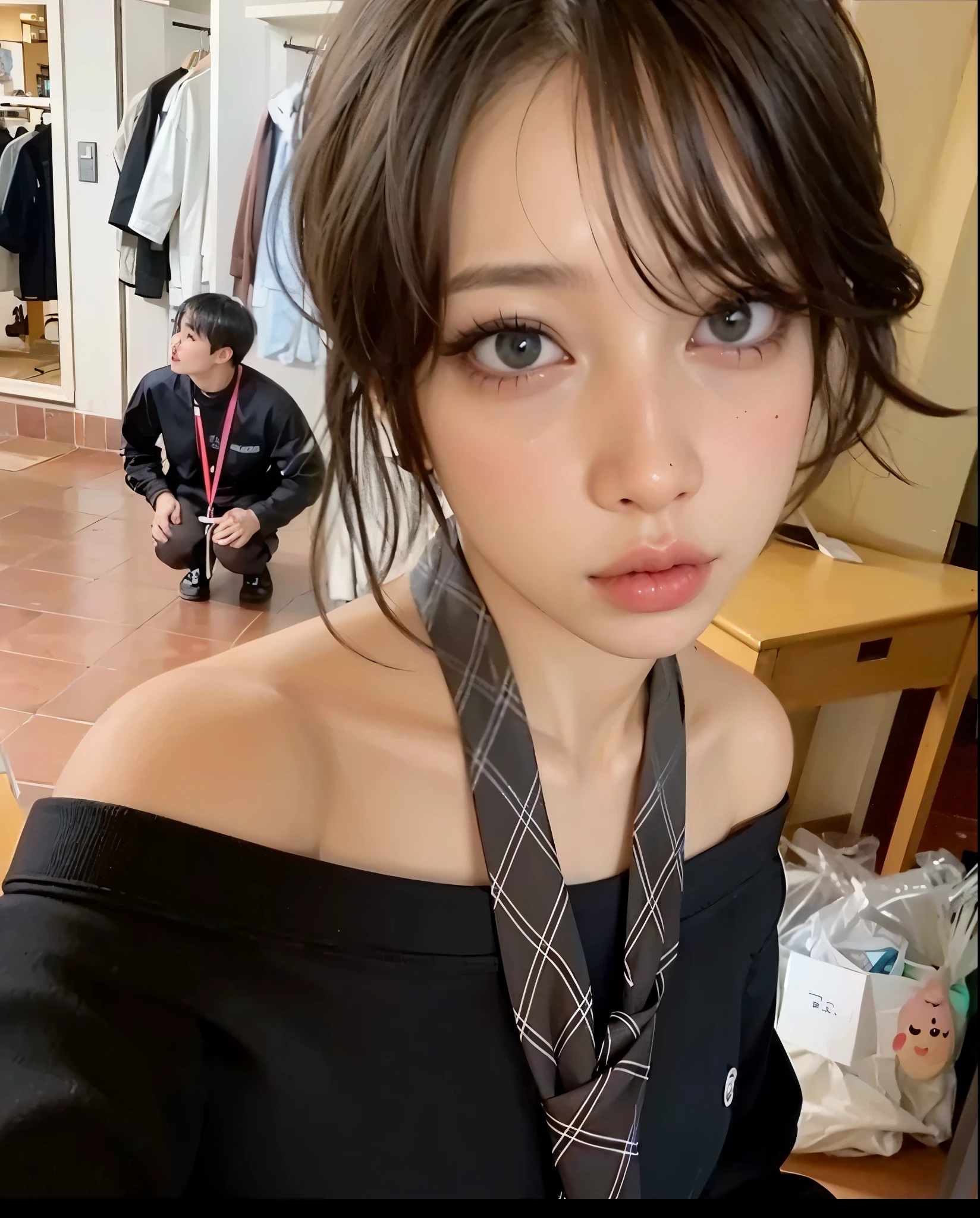 ((Top Quality, 8k, Masterpiece: 1.3)), 1 Girl, Beauty: 1.3, (Casual Hairstyle, Big: 1.2), Super Detail Face, Delicate Eyes, Double Eyelids, Soft Breasts, High School Student in School Uniform, Perched on Hotel Bed, With Bangs, Blurred Background