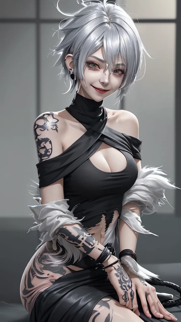 One person, chest, solo, Long Tongue, Crazy smile, It's crazy, Shortcuts, Ahoge, Silver Hair, 8k octane, Anime Style, off-the-shoulder black shirt、Tattoo on the neck、Tattoo on the arm、earphone, 