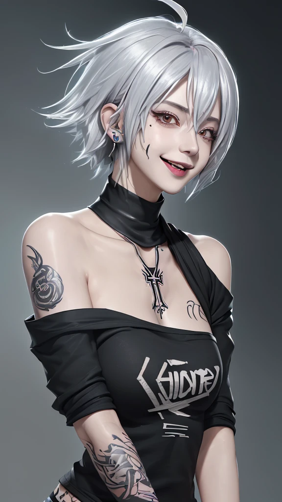 One person, chest, solo, Long Tongue, Crazy smile, It's crazy, Shortcuts, Ahoge, Silver Hair, 8k octane, Anime Style, off-the-shoulder black shirt、Tattoo on the neck、Tattoo on the arm、earphone, 
