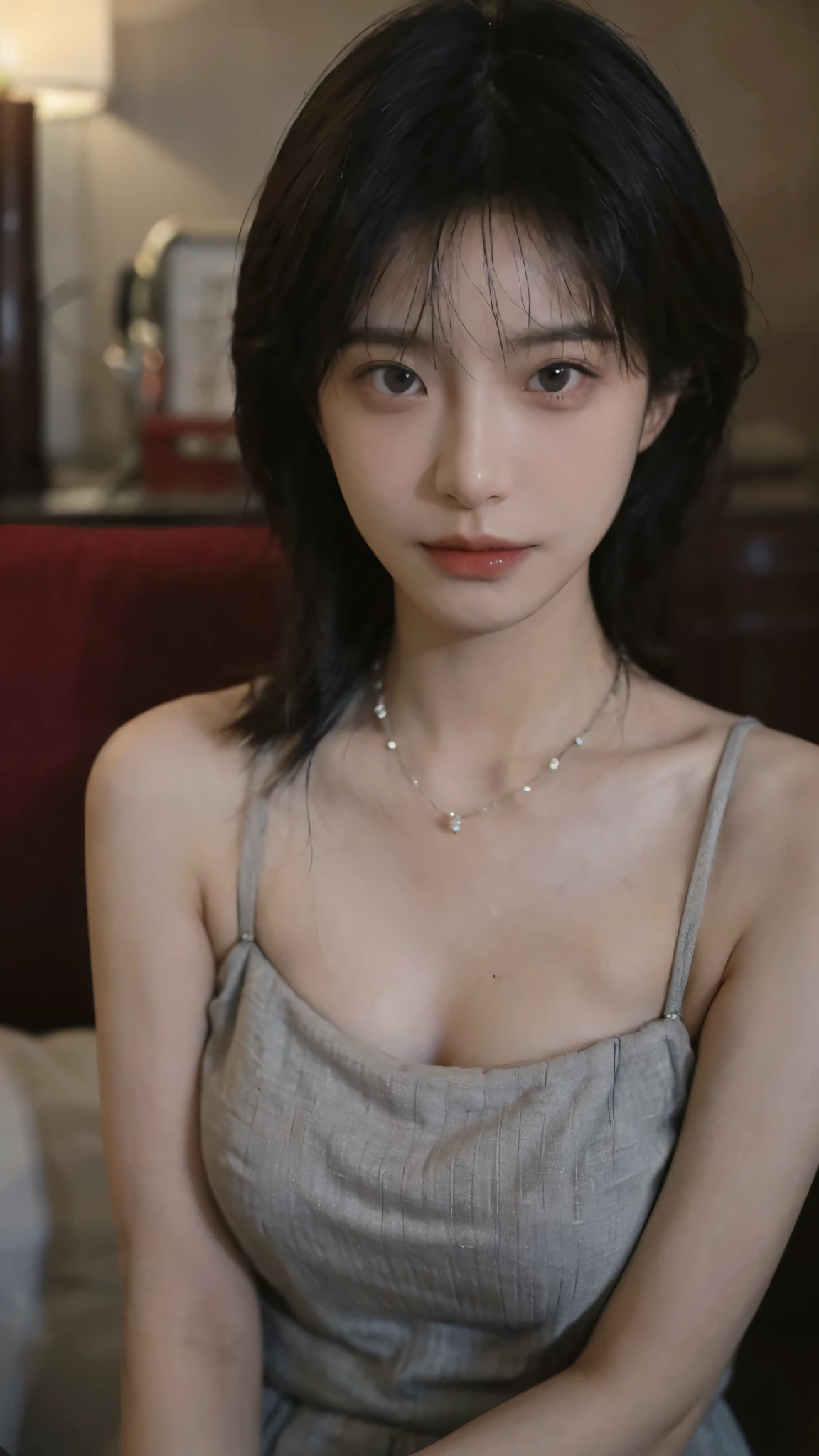 Film portrait photography, 2 girls, Bare shoulders,Lipstick，（flat chest：1.4）， Wear a necklace，Cute expression,Exquisite makeup，Red suspenders，serene, calm, (Realistic and detailed eyes, Natural skin texture, Realistic facial details), Big breasts：1.6，Big Breasts，Soft dramatic lighting, Depth of Field, Bokeh, Vibrant details, Detailed and detailed, Surreal, 35mm film, hazy, ,