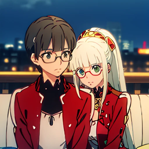 1 boy with black hair, Red jacket and glasses romantically kissing a girl in a red and white dress Long light green hair and green eyes, bright city at night in the background., True love, blushing cheeks, high quality