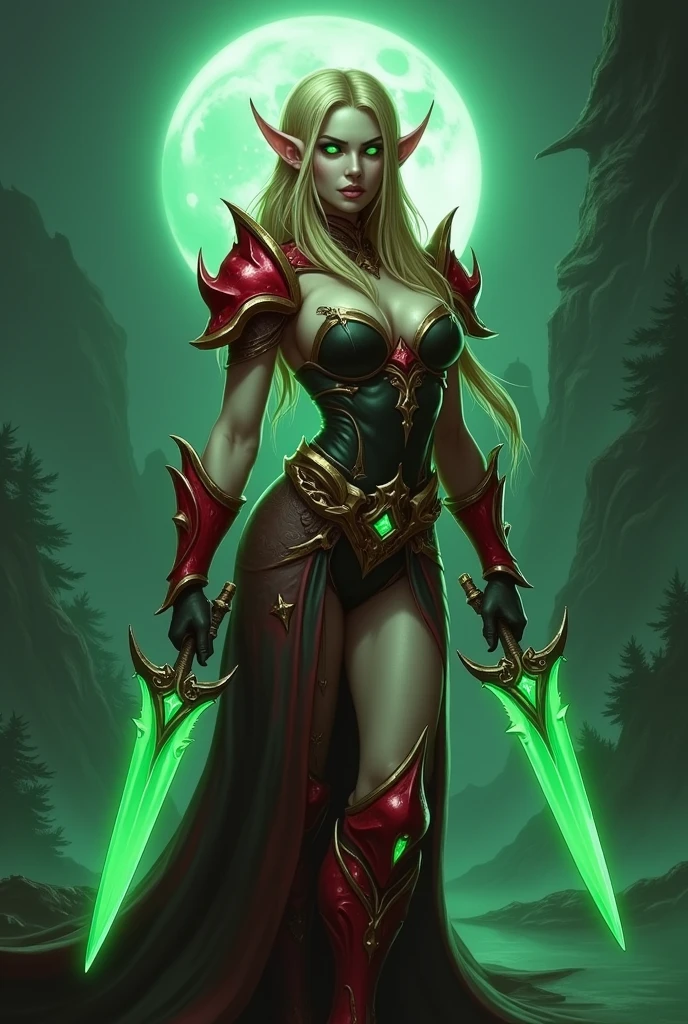 World of Warcraft game theme,fullmoon,extremeley curvaceous buxom bimbo vixen female elf,very bright green glowing eyes, Image of a female elf Valeera Sanguinar,intense flirty stare,side view ,Beautiful and gorgeous elf, 32 years old, with blonde hair, standing, holding two favorite shiny green Jambiya daggers, one in each hand. ,blood elf Assassin Wow, wide hips, narrow waist, gigantic humungus breasts,extremely curvy, Long elf ears, ((((Very bright, glowing green eyes))), Red Light female Assassin Armor with emeralds , Red Pauldrons, Red skull Pauldron with emeralds, Gold and Red Chestpiece, Red and black Gauntlets, Black tabard, dramatic tones. A masterpiece with the highest resolution. , Surrealist image type